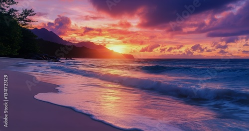 Majestic Sunset Over a Serene Beach With Gentle Waves and Vibrant Clouds