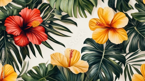 A vibrant tropical seamless pattern with hibiscus flowers, monstera leaves, and palm fronds creating an exotic