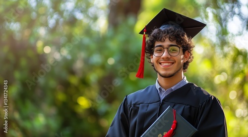Young Graduate Smiles Proudly in Cap and Gown Surrounded by Greenery