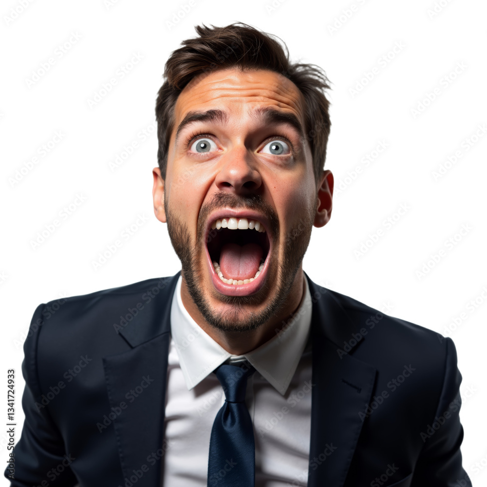 Man screaming in suit with intense expression and wild hairstyle in studio setting Man screaming in suit with intense expression and wild hairstyle in studio setting