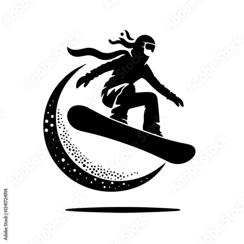 Vector black and white silhouette of a snowboarder in flight, drawn with minimalist strokes