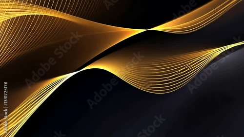 Abstract golden waves on a dark background.  Dynamic, flowing lines of golden light against a deep, rich black.  Intricate, interwoven patterns create a sense of movement and elegance