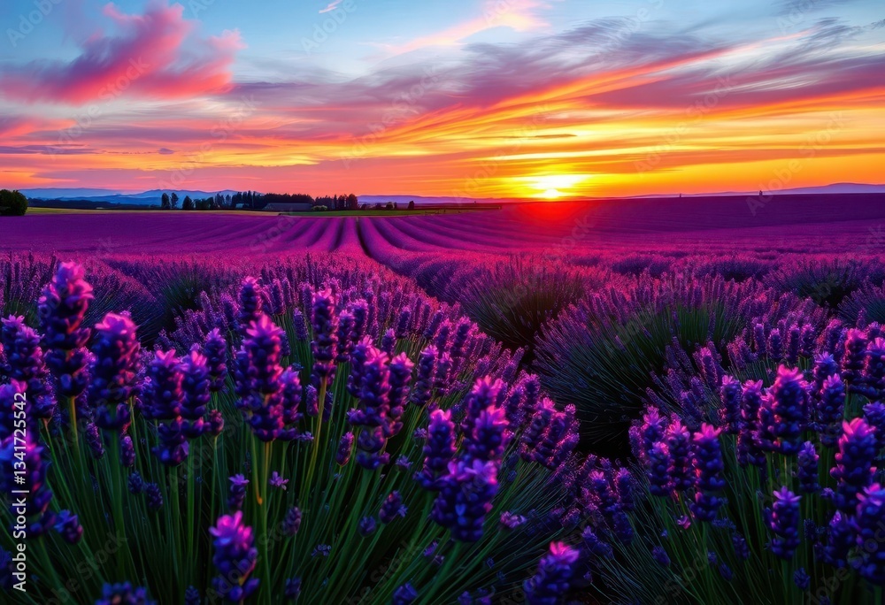 Fototapeta premium Sunset paints lavender field in vibrant hues, creating breathtaking panorama, scenic, purple