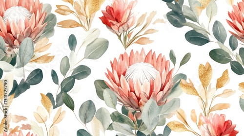 A whimsical floral pattern with soft coral proteas, sage eucalyptus leaves, and golden herbs