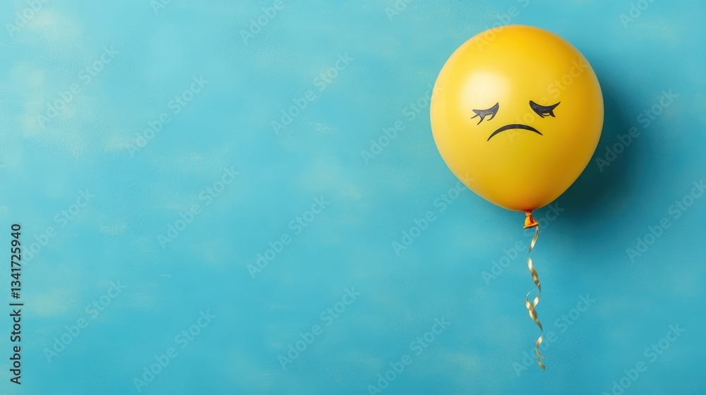 Fototapeta premium A sad yellow balloon with a frown on a blue background, perfect for conveying feelings of disappointment or sadness in creative projects, presentations, or social media related to emotional themes,