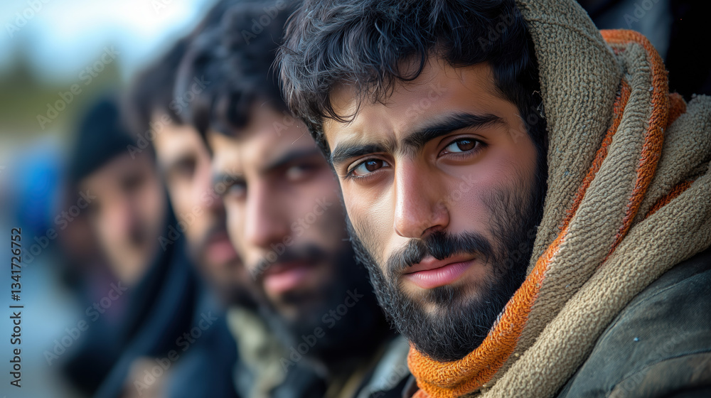 Fototapeta premium Portrait of Middle Eastern refugee man with intense gaze, wearing hooded jacket, symbolizing resilience and struggle on World Refugee Day