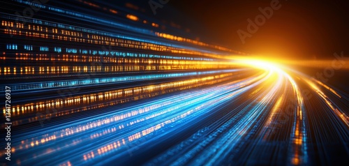 Dynamic light trails create a sense of speed and motion, highlighting vibrant blues and warm yellows against a dark backdrop.