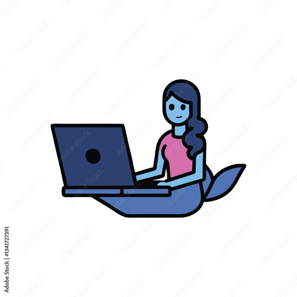 A mermaid typing on a laptop, A mermaid typing on a laptop,