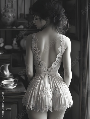 Timeless Grace: A woman in a vintage-inspired outfit poses elegantly, a study in soft light and refined beauty