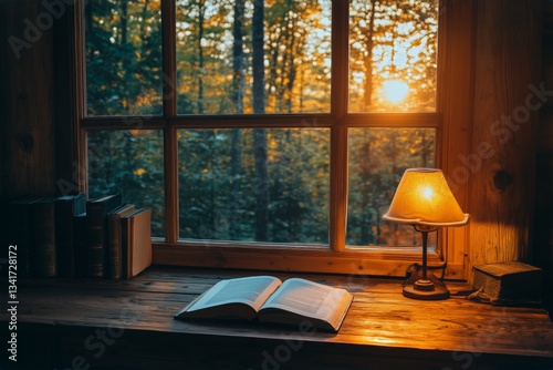 Cozy Reading Nook With Sunset View Through a Window in a Wooden Cabin
