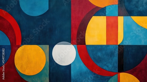 An abstract geometric composition featuring interlocking squares and circles in contrasting shades of blue