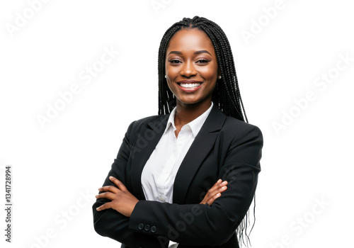 Happy black woman smiling confidently, arms crossed isolated on White background