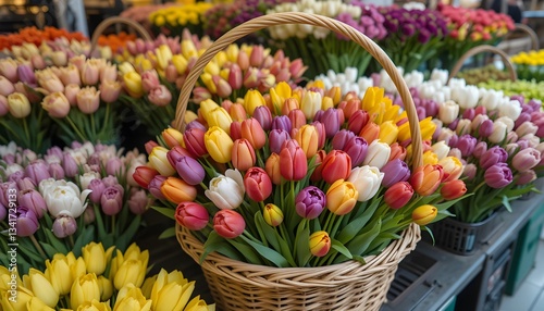 Vibrant Easter basket filled with colorful eggs and soft yellow tulips, celebrating the freshness of spring.
