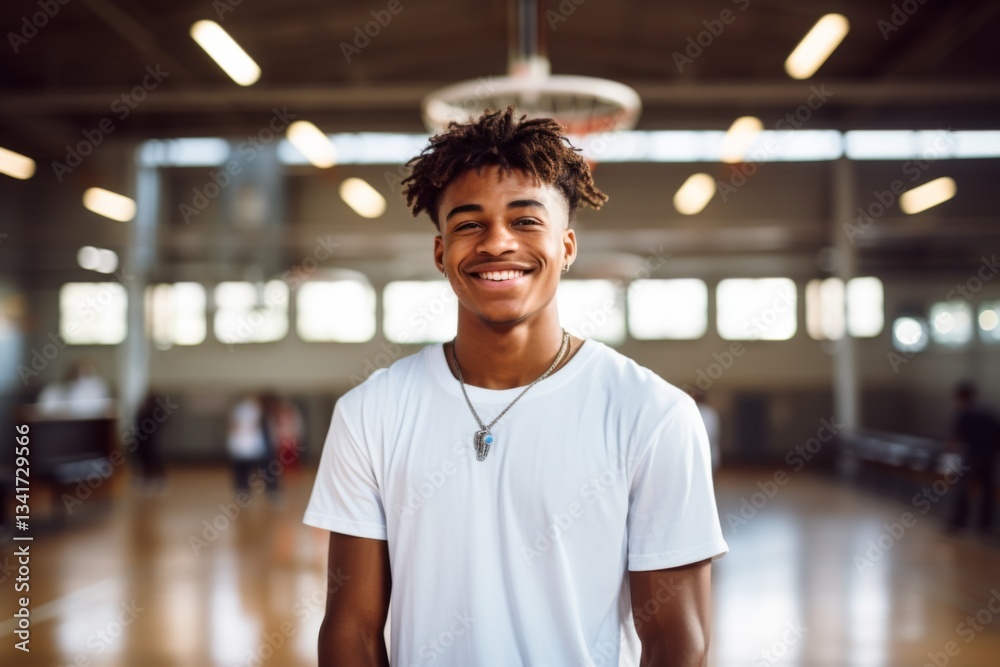 Fototapeta premium Smiling portrait of a teenage male African American basketball player wearing a white t shirt in an indoor basketball gym