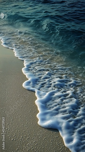 Gentle Waves Lap Against the Sandy Shore Under Clear Blue Skies Near the Coast