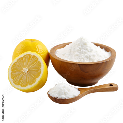 Lemon and salt in wooden bowl and spoon with fresh lemons on white background
