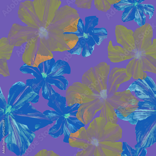 Wallpaper Mural Watercolor drawn clematis plant in seamless pattern. Blue and yellow flowers background. Design for fabric, surfaces, covers, textile, packaging, bed sheets. Pattern in modern floral theme. Torontodigital.ca