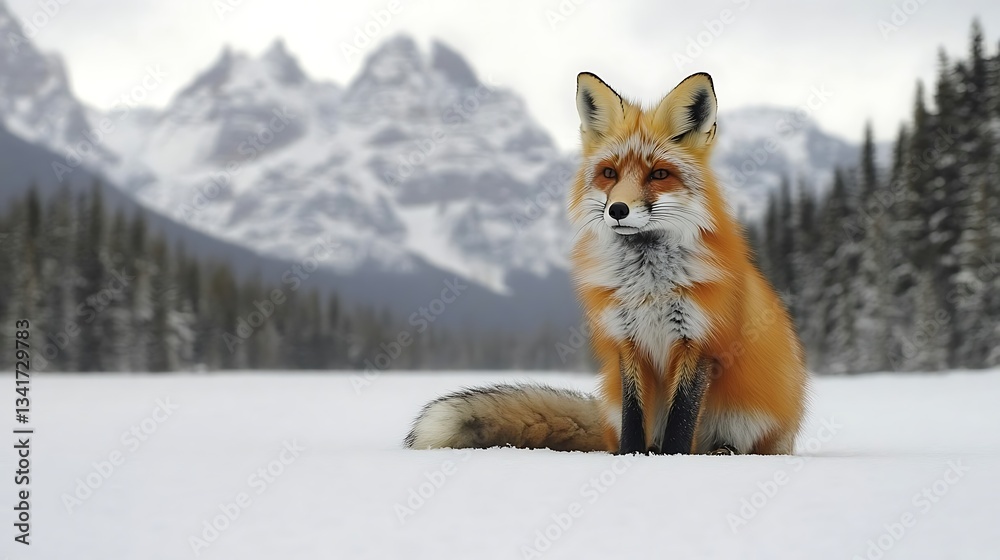 Fototapeta premium Red fox sitting in snowy landscape with mountains.