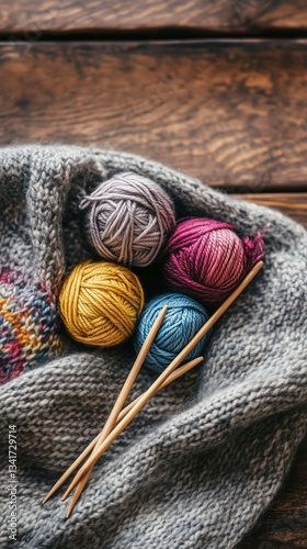 Knitting Supplies With Yarn and Needles on Wooden Surface During Crafting Ses...