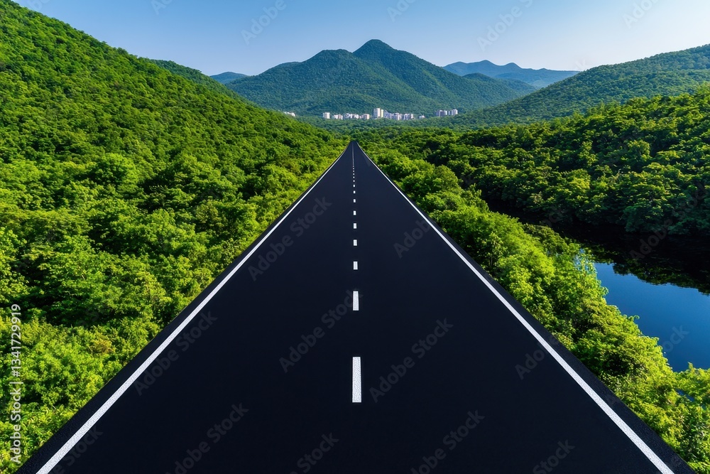 Fototapeta premium A scenic road surrounded by lush greenery and distant mountains in bright sunlight.