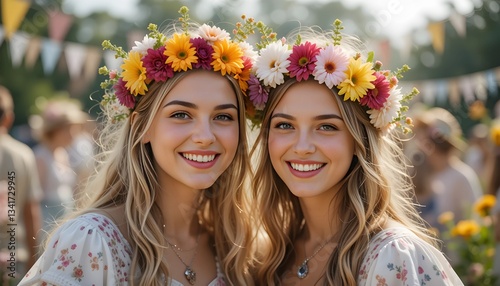 Twin sisters in floral serenity, symbolizing pure beauty, ideal for fashion and lifestyle editorials, horizontal orientation,
