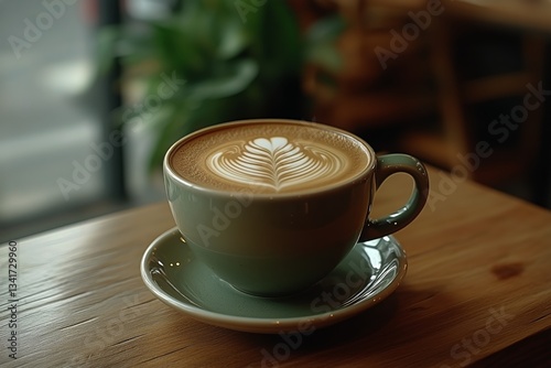 Warm Coffee Cup With Latte Art on a Wooden Table in a Cozy Cafe During Golden...