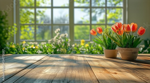 Bright Tulip Display on a Sunny Day With Lush Greenery Outside the Window