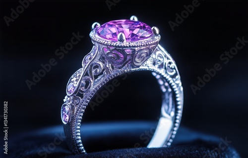 Intricate Vintage Ring Featuring Amethyst and Diamonds in a Shimmering Golden...