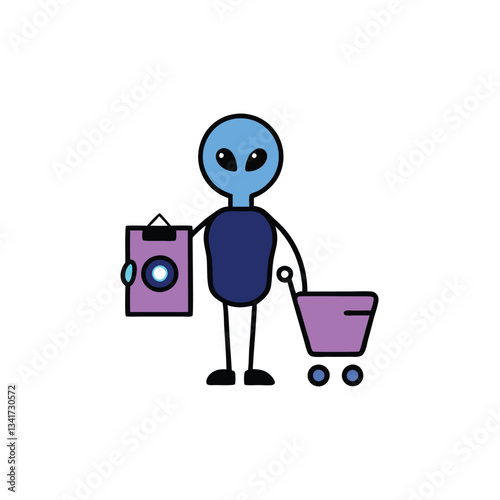 Alien Holding Shopping Cart – Intergalactic Market Icon, Multiple Arms, 2025, Clipart