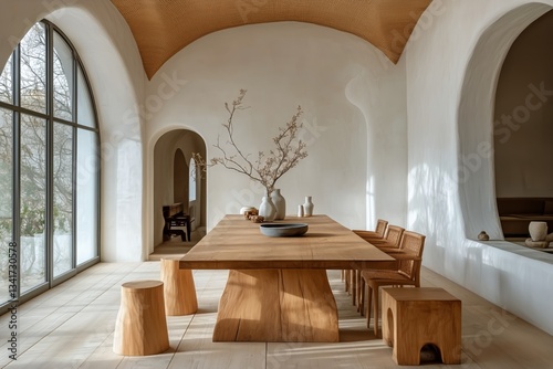 Modern Minimalist Dining Area Features Natural Wood and Simple Decor in a Ser...