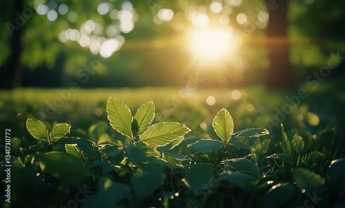 Morning Sunlight Illuminating Fresh Green Leaves in a Tranquil Park Setting