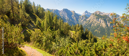 alpine autumn landscape tyrol, view to Karwendel alps and larch trees