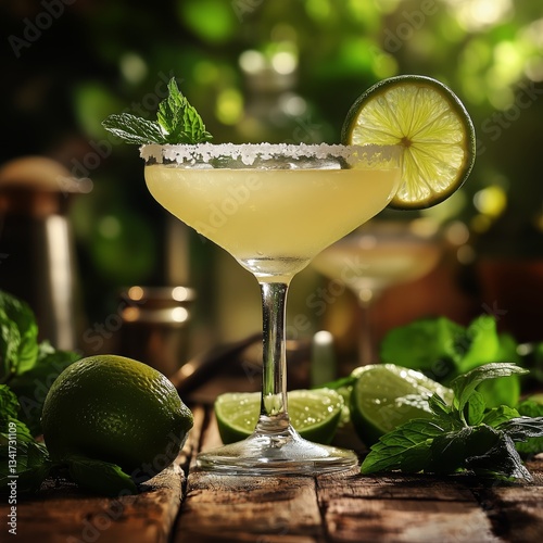 Refreshing Margarita Served on a Wooden Table With Lime and Mint at a Lively ...
