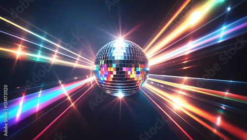 Disco Ball Extravaganza: A sparkling disco ball surrounded by vibrant, colorful light trails, symbolizing music, dance, and celebration, creates a dazzling and dynamic visual experience.