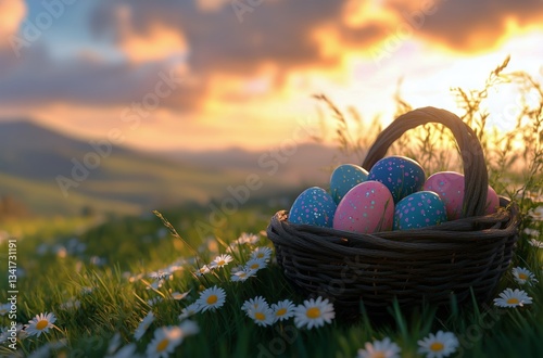 Colorful Eggs Nestled in a Natural Nest Surrounded by Flowers on a Sunny Day