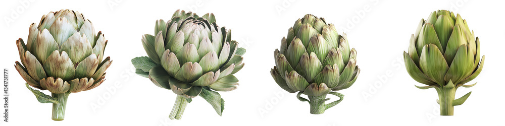 Obraz premium Isolated on a transparent background are two fresh artichokes with distinctive layered leaves and substantial stems