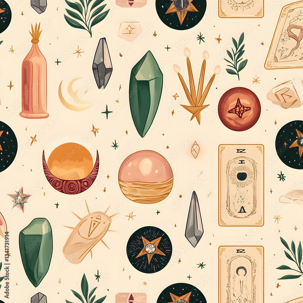 A seamless pattern of mystical symbols, crystals, and tarot cards in an ethereal color palette.