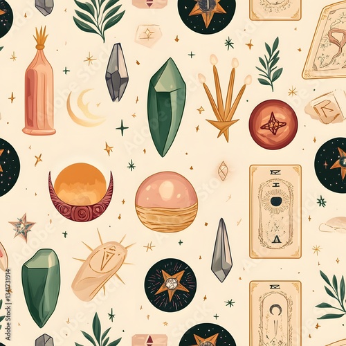 Obraz na płótnie A seamless pattern of mystical symbols, crystals, and tarot cards in an ethereal color palette. w salonie