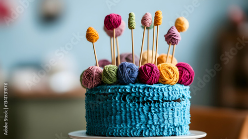 A colorful knitting-inspired cake with fondant yarn balls and intricate details.

