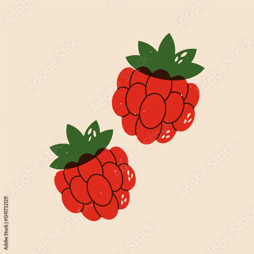 Raspberry vintage print effect. Abstract berry fruit risograph style, fresh colorful sweet ripe summer food, healthy nutrition concept. Vector set