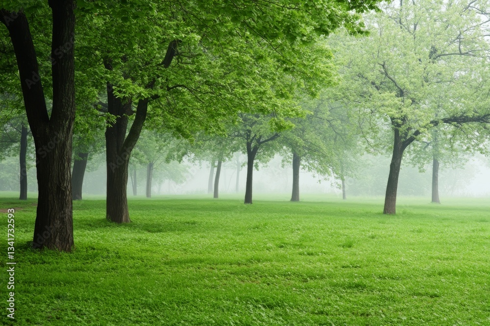 Misty Green Park: Tranquil Spring Morning Misty Green Park: Tranquil Spring Morning