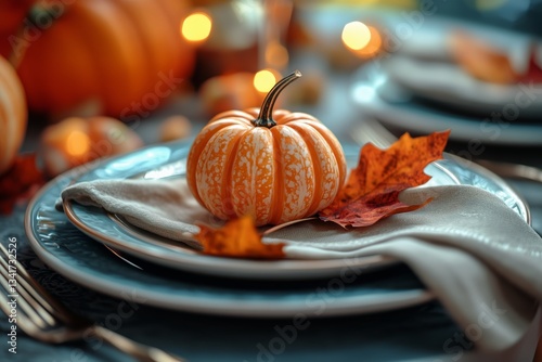 Autumn Table Setting With Pumpkins and Colorful Leaves for a Seasonal Gathering