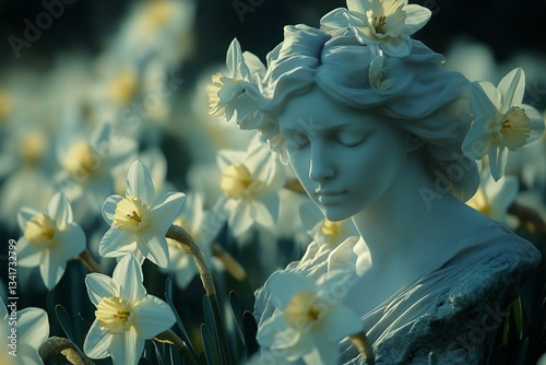 White Daffodils Blooming Under the Warm Sunlight in a Vibrant Spring Garden
