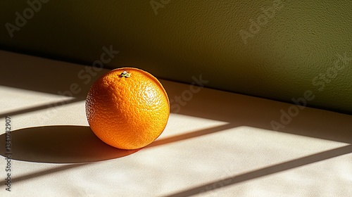 Single orange on table, sunlight shadows, pale green wall