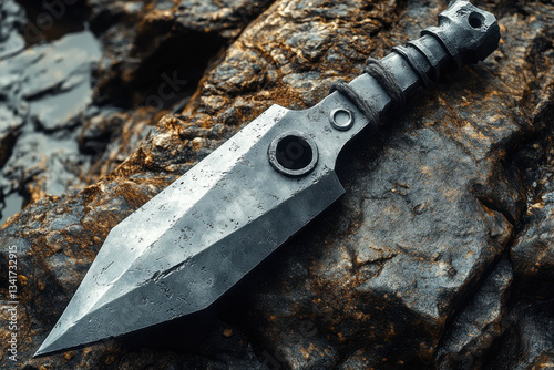 A knife with a hole in the middle of it is on a rock photo