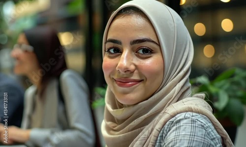 Smiling young woman wearing hijab in cafe setting