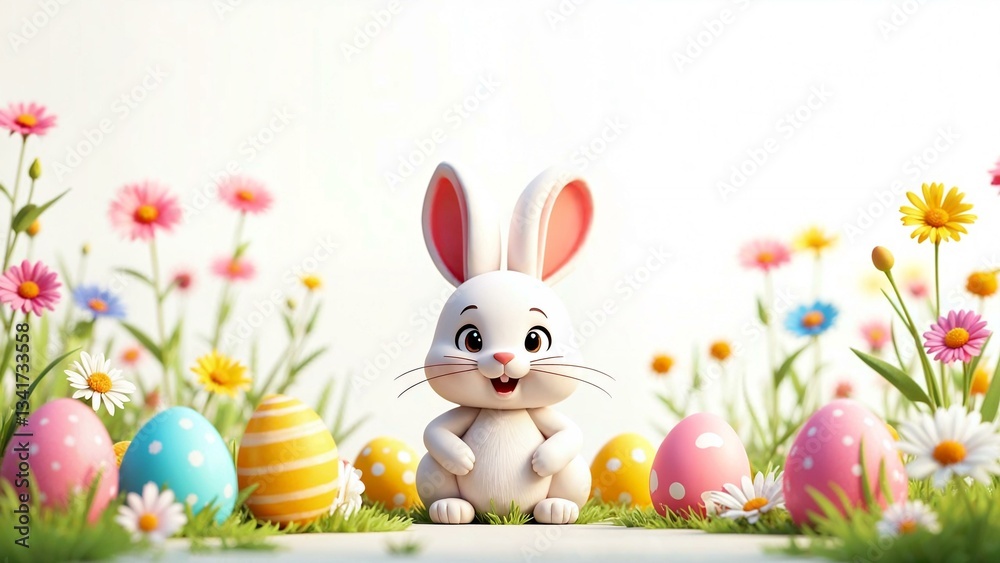 Obraz premium Bright animated Easter scene with cartoon rabbit, decorative eggs, and flowers
