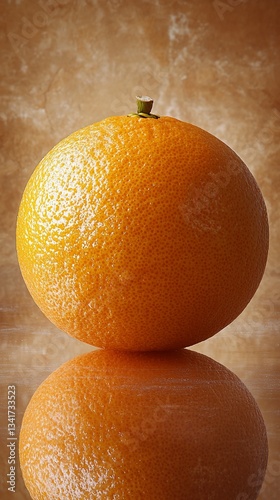 Single orange, still life, on marble background, reflection