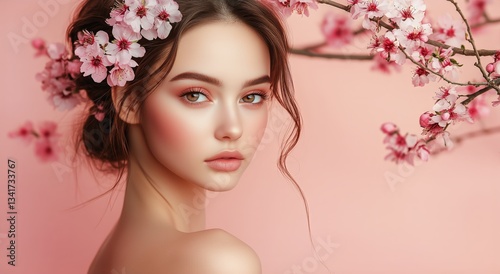 Young Woman With Flowing Hair Posing Near Cherry Blossom Branch During Spring...