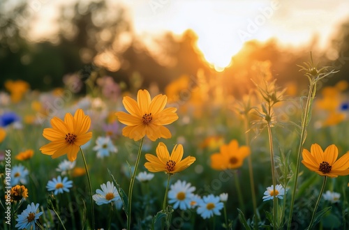 Bright Yellow Flowers Bloom in a Sunny Field During Golden Hours Warm Glow